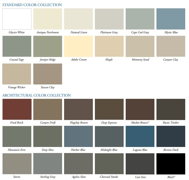 Colores de revestimiento vinílico de Alside entre los que elegir, incluidos sus colores estándar y la colección «Architectural Color Collection».